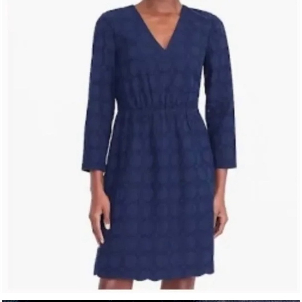 J Crew Navy Blue‎ Cotton Eyelet Dress V Neck 3/4 Sleeve Scalloped Hem Women's 14